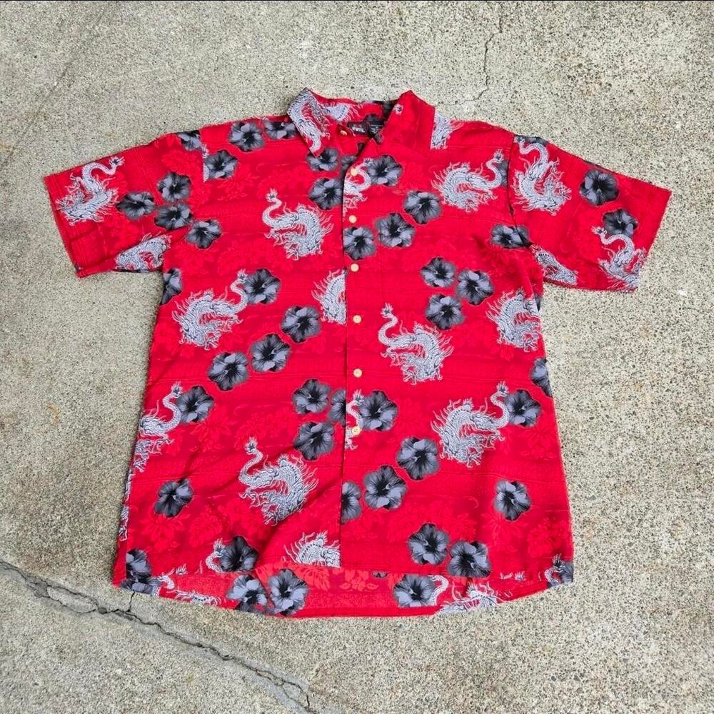 Vtg EMERGENCY EXIT Dragon Floral Print Streetwear Skate Button Up Shirt XL USA